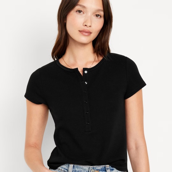 NWT OLD NAVY Short-Sleeve Waffle-Knit Henley Top   Color: Black Jack - Picture 3 of 9
